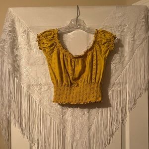 YELLOW EYELIT DETAILING OFF THE SHOULDER BLOUSE